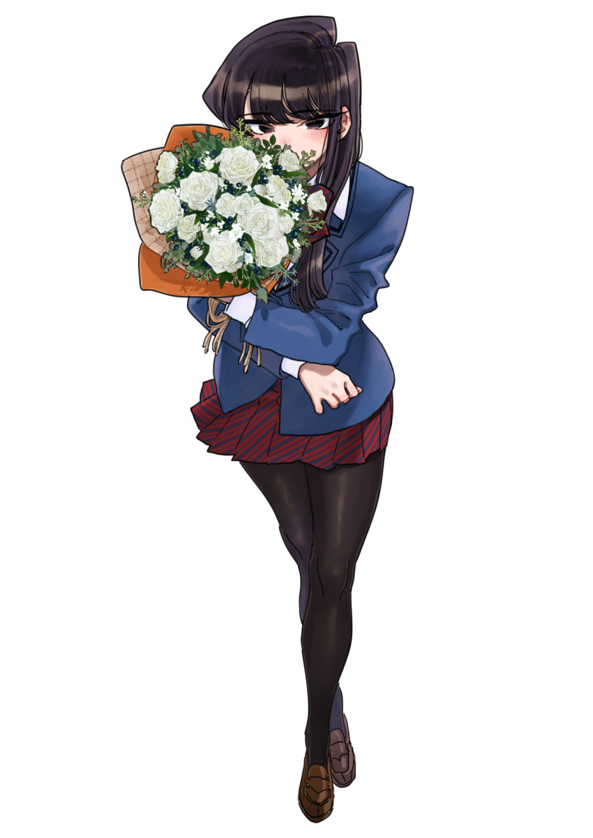 1girl black_eyes black_hair black_pantyhose blazer blue_jacket bouquet brown_shoes commentary_request diagonal-striped_clothes diagonal-striped_skirt flower full_body highres holding holding_bouquet itan_private_high_school_uniform jacket komi-san_wa_komyushou_desu komi_shouko loafers long_hair long_sleeves looking_at_viewer oda_tomohito pantyhose red_skirt school_uniform shirt shoes simple_background skirt solo standing striped_clothes tachi-e white_background white_flower white_shirt