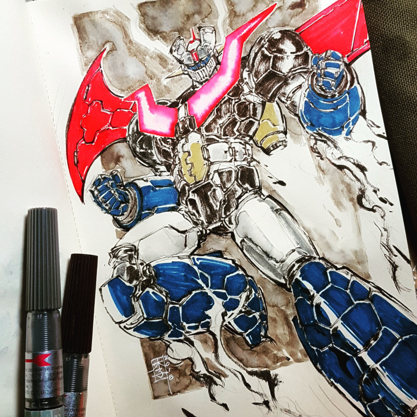 2016 art_tools_in_frame clenched_hands commentary english_commentary flying highres looking_down mar-c! marker_(medium) mazinger_(series) mazinger_z mazinger_z:_infinity mazinger_z_(mecha) mecha mechanical_wings photo_(medium) robot smoke solo super_robot traditional_media wings yellow_eyes