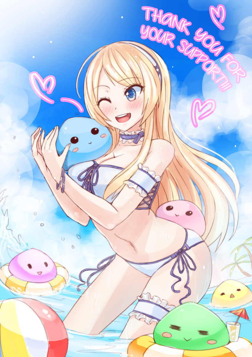 1girl :&gt; :&lt; ;d =_= armband ball beachball bikini blonde_hair blue_eyes blue_sky blush bracelet breasts choker cleavage cloud cocktail_umbrella commentary creature crystalline cup day drink drinking_glass english_text frilled_thigh_strap front-tie_bikini_top front-tie_top hairband heart highres innertube jewelry large_breasts leanna_dawn long_hair navel one_eye_closed open_mouth palm_tree pango_(crystalline) side-tie_bikini_bottom sky smile strapless sunimu swim_ring swimsuit thank_you thigh_strap tree wading water water_drop wet