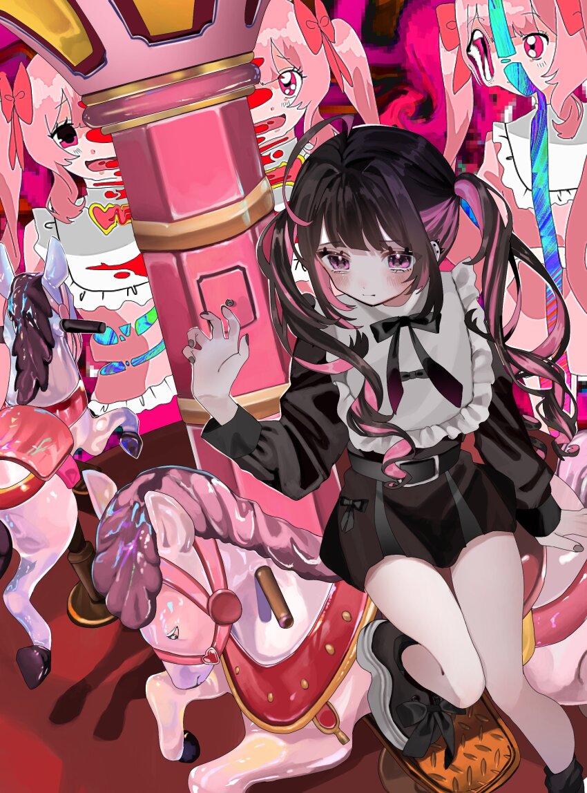 1girl absurdres ahoge belt black_footwear black_hair black_nails black_ribbon blush capelet carousel commentary_request deformed dress frilled_capelet frilled_dress frills hanataro_(sruvhqkehy1zied) highres jirai_kei long_sleeves neck_ribbon original pink_eyes pink_hair pink_ribbon purple_eyes ribbon ribbon_shoes shoes sitting twintails