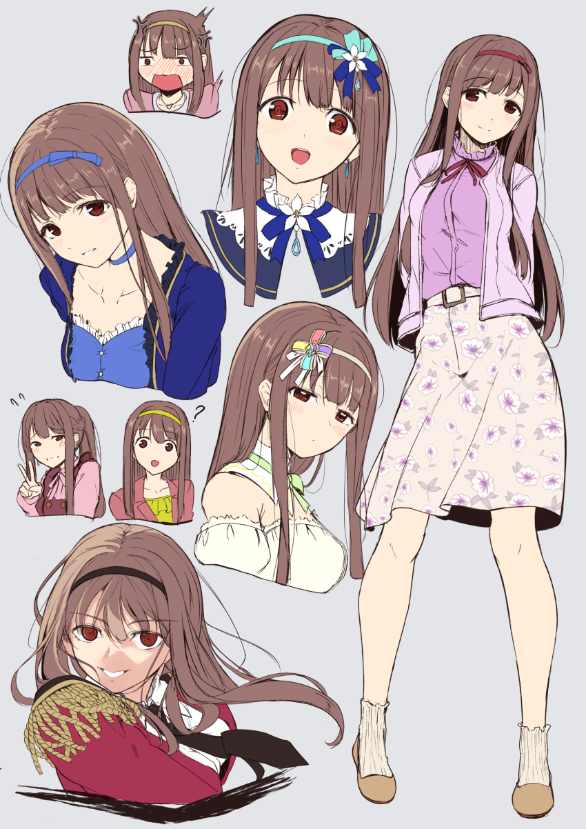 1girl ? arms_behind_back black_hairband blue_hairband blush brown_hair closed_mouth cropped_head cropped_torso dark_persona earrings epaulettes floating_hair floral_print floral_print_skirt flying_sweatdrops full_body grey_background hairband hand_up highres idolmaster idolmaster_million_live! idolmaster_million_live!_theater_days jacket jewelry long_hair long_sleeves looking_at_viewer multiple_views open_clothes open_jacket open_mouth otsumoon parted_lips pink_jacket print_skirt red_eyes red_hairband shirt shoes simple_background skirt smile socks standing straight_hair tanaka_kotoha v white_hairband yellow_hairband