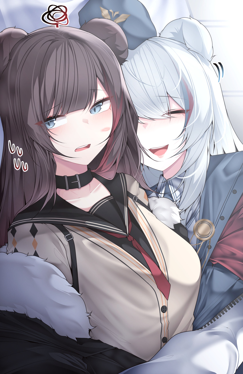 2girls :d ^_^ absurdres animal_ears arknights belt belt_buckle belt_collar black_belt black_collar black_sailor_collar blue_eyes blue_hair blue_hat brown_hair buckle buttons closed_eyes collar collarbone commentary dated_commentary embarrassed english_commentary flying_sweatdrops happy hat heads_together hickey highres hug long_hair looking_at_viewer multicolored_hair multiple_girls open_mouth red_hair rosa_(arknights) sailor_collar samip smile squiggle streaked_hair upper_body white_hair yuri zima_(arknights) zipper
