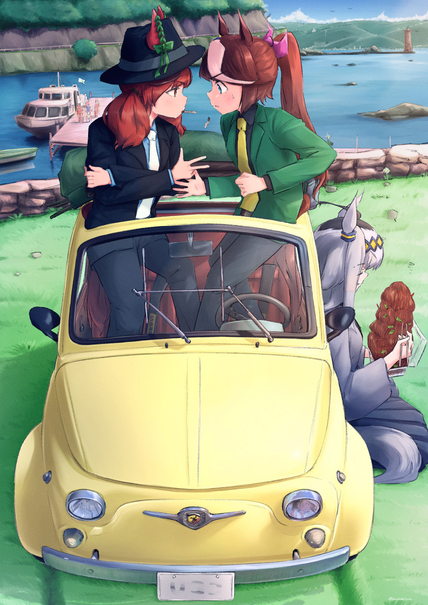 3girls absurdres animal_ears arsene_lupin_iii arsene_lupin_iii_(cosplay) balladeluce black_headwear black_suit boat bow brown_hair car castle_of_cagliostro chopsticks clenched_hand cosplay crossed_arms day eating eye_contact formal_clothes grass green_suit grey_hair hair_bow hat highres horse_ears horse_girl huge_filesize ishikawa_goemon_xiii jigen_daisuke jigen_daisuke_(cosplay) lighthouse long_hair long_sleeves looking_at_another lupin_iii motor_vehicle mouth_hold multicolored_hair multiple_girls necktie nice_nature_(umamusume) oguri_cap_(umamusume) outdoors pants parody pink_bow ponytail sitting skirt standing staring suit sweatdrop tokai_teio_(umamusume) two-tone_hair umamusume vehicle_focus vehicle_request water watercraft white_neckwear yellow_neckwear