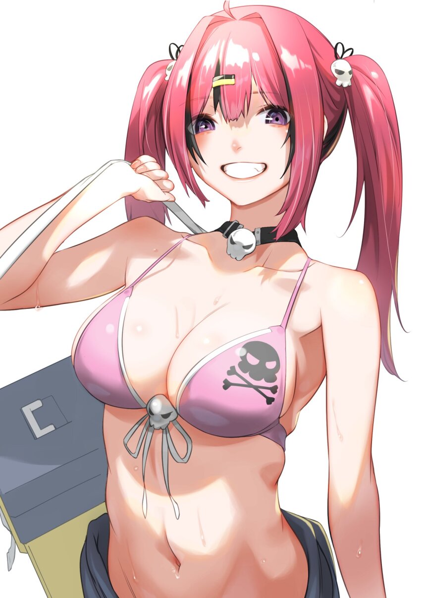 1girl bare_shoulders bikini black_hair breasts cleavage clothes_around_waist collarbone front-tie_bikini_top front-tie_top fune_(fune83ojj) goddess_of_victory:_nikke grin hair_between_eyes hair_ornament highres holding jacket jacket_around_waist large_breasts looking_at_viewer mast_(a_pirate&#039;s_heart)_(nikke) mast_(nikke) midriff multicolored_hair navel pink_bikini pink_eyes red_hair short_twintails side-tie_bikini_bottom skull_choker skull_hair_ornament skull_ornament skull_print smile solo streaked_hair string_bikini swimsuit twintails wet