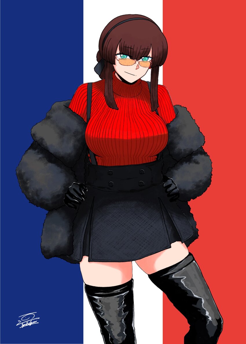1girl black_gloves black_hairband black_skirt black_thighhighs blunt_sidelocks brown_eyes feet_out_of_frame flag_background french_flag fur_jacket gloves green_eyes hairband hands_on_own_hips highres ifs_(sakagami_syu) jacket kantai_collection long_hair looking_at_viewer mogador_(kancolle) mogador_(saury_festival)_(kancolle) official_alternate_costume red_sweater ribbed_sweater sidelocks signature skirt solo sunglasses suspender_skirt suspenders sweater thighhighs turtleneck turtleneck_sweater
