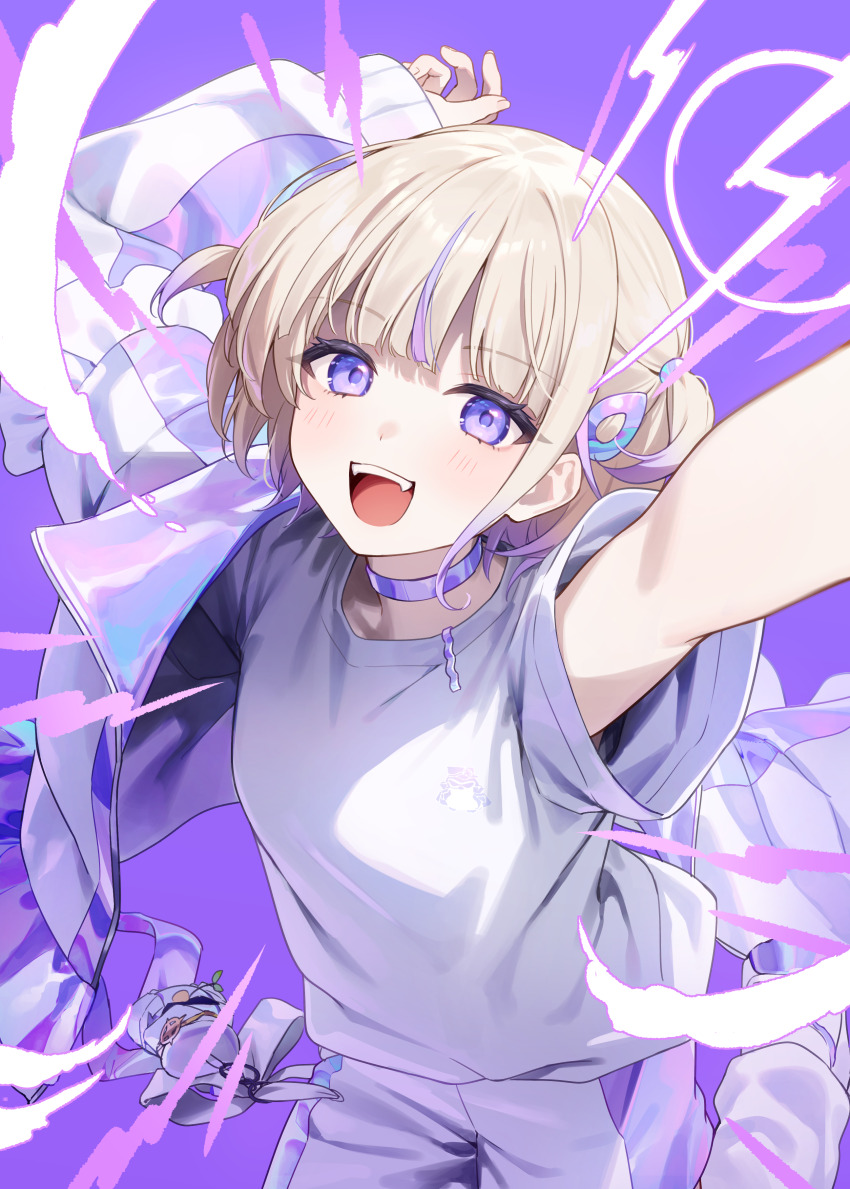 1girl :d absurdres akabino arms_up banpen_(todoroki_hajime) blonde_hair blunt_bangs choker commentary_request highres hololive hololive_dev_is jacket jacket_partially_removed looking_at_viewer multicolored_hair open_mouth outstretched_arm purple_choker purple_eyes purple_hair shirt short_hair shorts smile solo streaked_hair teeth todoroki_hajime todoroki_hajime_(1st_costume) two_side_up upper_teeth_only virtual_youtuber white_jacket white_shirt white_shorts
