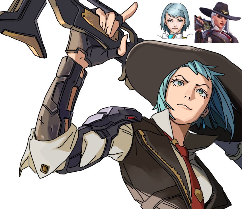 1girl ace_attorney aqua_hair ashe_(overwatch) ashe_(overwatch)_(cosplay) black_gloves cosplay franziska_von_karma gloves green_eyes gun highres holding holding_gun holding_weapon huge_weapon jibog1043588 overwatch phoenix_wright:_ace_attorney_-_justice_for_all picture_frame simple_background smile solo weapon