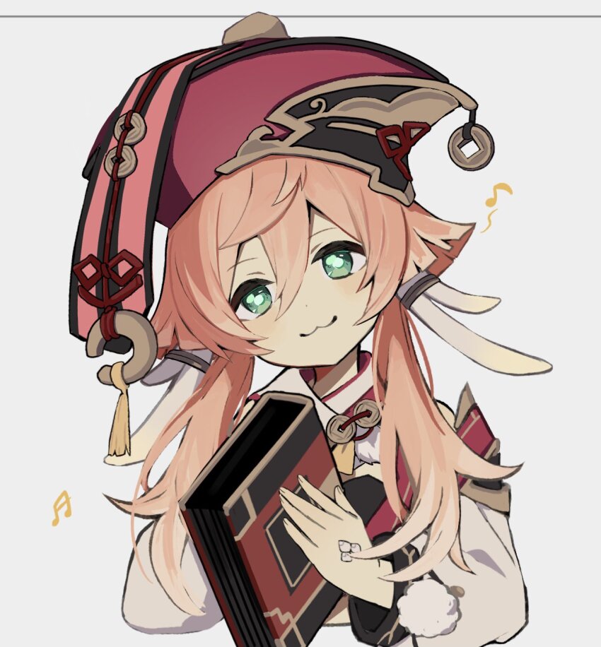 1girl :3 book closed_mouth coin coin_hat_ornament detached_sleeves eighth_note genshin_impact green_eyes grey_background hat hat_ornament head_tilt highres holding holding_book horns long_hair long_sleeves looking_at_viewer merry-san musical_note pink_hair red_hat scales scarf simple_background solo upper_body yanfei_(genshin_impact)