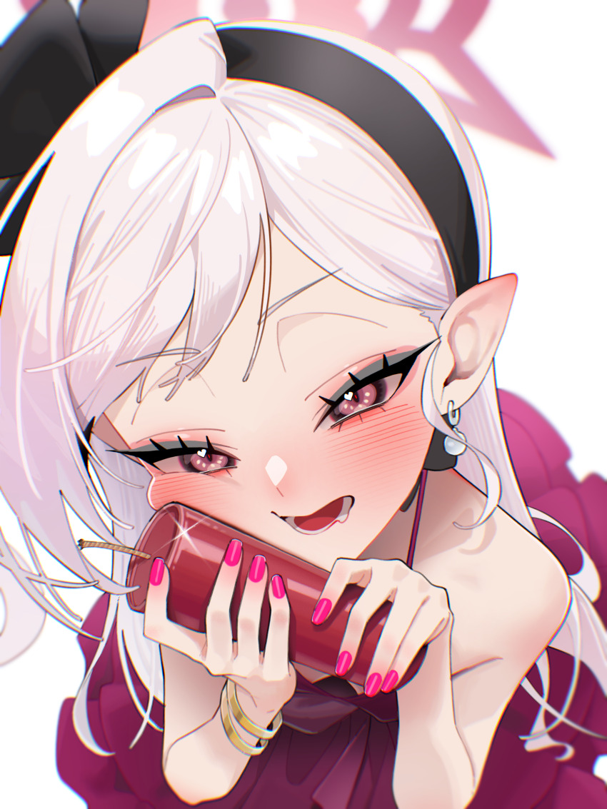 1girl :d absurdres agnamore bare_shoulders black_bow black_hairband blue_archive blush bow box breasts collarbone dress dynamite earrings explosive hair_ornament hairband halo heart heart-shaped_pupils highres holding jewelry long_hair looking_at_viewer mutsuki_(blue_archive) mutsuki_(dress)_(blue_archive) nail_polish official_alternate_costume open_mouth pointy_ears red_dress red_eyes ribbon shirt simple_background sleeveless sleeveless_dress smile solo symbol-shaped_pupils upper_body white_background white_hair wings
