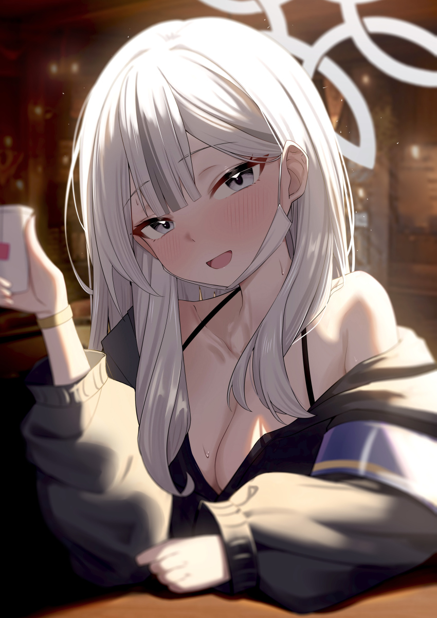 1girl absurdres bare_shoulders black_jacket blue_archive blurry blurry_background blush breasts cleavage commentary depth_of_field grey_eyes grey_hair grey_halo hair_behind_ear halo head_tilt highres jacket konoka_(blue_archive) long_hair long_sleeves looking_at_viewer mask mask_pull mouth_mask off_shoulder open_mouth smile solo upper_body wendao white_mask