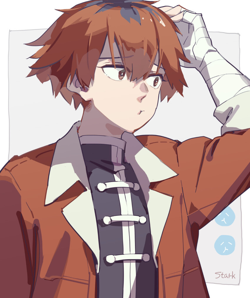 1boy bandaged_arm bandages black_roots black_shirt bright_pupils brown_eyes character_name closed_mouth commentary fingerless_gloves gloves hair_between_eyes highres jacket long_sleeves looking_to_the_side male_focus pout red_hair red_jacket shirt short_hair sleeves_rolled_up solo sousou_no_frieren stark_(sousou_no_frieren) tennohi white_pupils