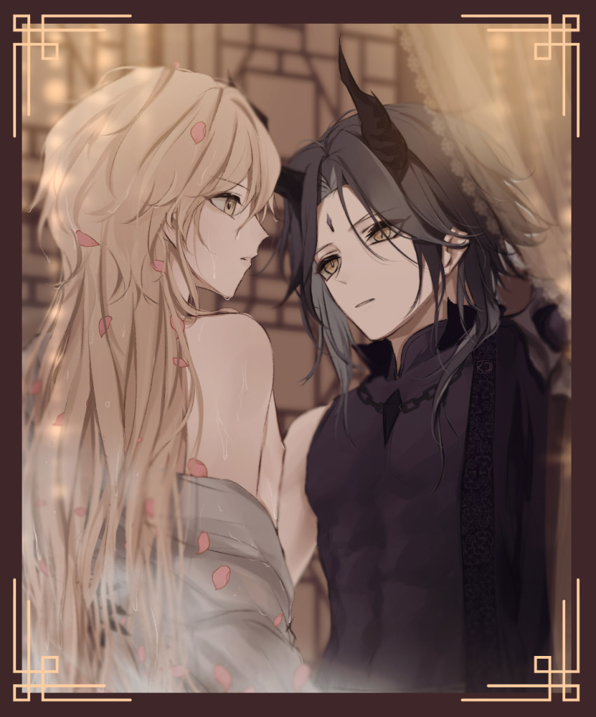 aether_(genshin_impact) ahoge bare_shoulders beads black_hair blonde_hair braid collared_shirt facial_mark forehead_mark framed genshin_impact green_hair highres horns indoors jewelry kuko_(geeeee_ss) long_hair looking_at_another multicolored_hair multiple_boys necklace open_clothes petals shirt upper_body water_drop xiao_(genshin_impact) yellow_eyes
