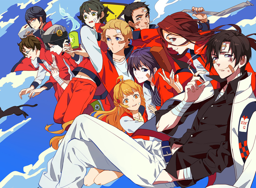 3girls 6+boys bandages bandaid bandaid_on_face bao_rongxin black_hair blonde_hair blue_eyes blue_hair brown_eyes brown_hair cat cigarette cloud everyone fang_rui glasses hair_over_one_eye hat jacket jokerplaner liu_xiaobie long_hair multiple_boys multiple_girls orange_eyes orange_hair ponytail qiao_yifan quan_zhi_gao_shou red_eyes red_hair school_uniform short_hair sky smile su_mucheng sword tang_rou weapon wei_chen ye_xiu
