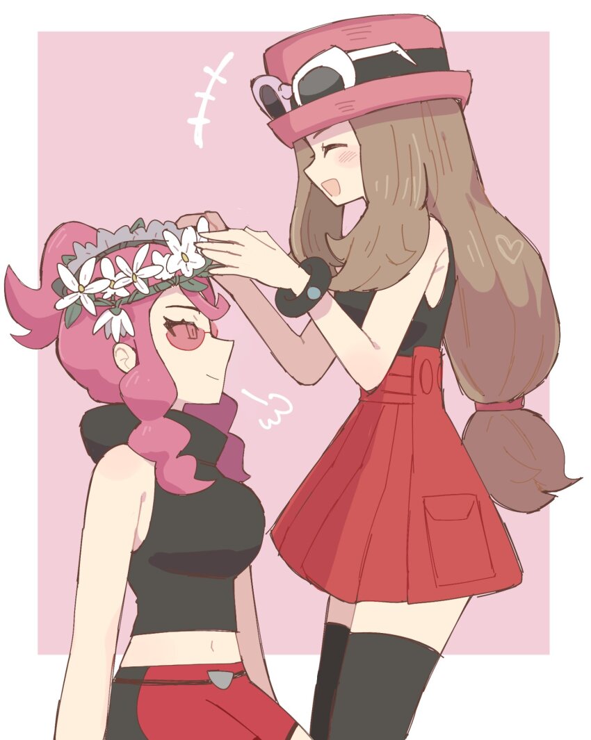 1girl 2girls bare_arms bare_shoulders black_thighhighs blue_eyes blush breasts closed_eyes closed_mouth crop_top diamond_cutout eyewear_on_headwear flower han0579 hat head_wreath highres long_hair malva_(pokemon) midriff multiple_girls navel nintendo open_mouth orange-tinted_eyewear pants pink-tinted_eyewear pink_hair pink_hat pokemon pokemon_xy red-tinted_eyewear red_eyes red_hat red_pants red_skirt serena_(pokemon) shirt sidelocks skirt sleeveless sleeveless_shirt smile sunglasses thighhighs tinted_eyewear two-tone_pants white-framed_eyewear