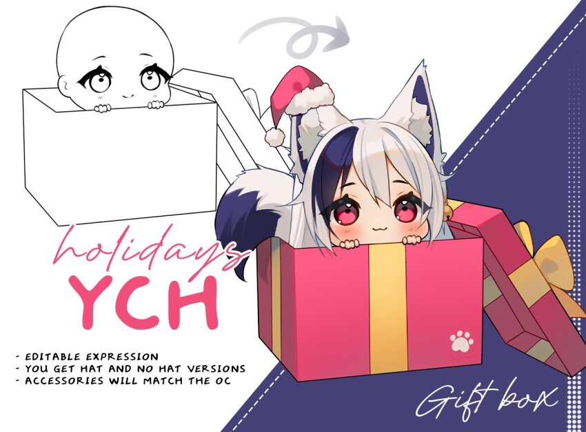 1girl :3 animal_ear_fluff animal_ears arrow_(symbol) black_hair box chibi christmas closed_mouth commentary dotted_line english_commentary english_text eyelashes fox_ears fox_girl fox_tail fur-trimmed_headwear fur_trim gift hair_between_eyes halftone happy hat hyanna-natsu in_box in_container lid light_blush long_hair looking_at_viewer mini_hat mini_santa_hat multicolored_hair original paw_print pink_eyes pom_pom_(clothes) purple_background red_hat santa_hat smile streaked_hair tail two-tone_background white_background white_hair ych_commission