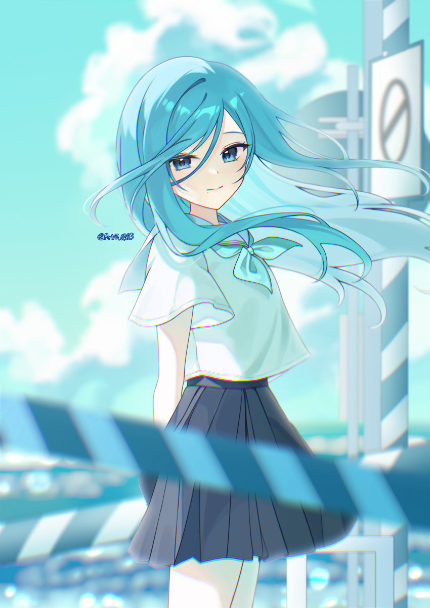 1girl absurdres black_skirt blue_eyes blue_hair blue_neckerchief blue_sailor_collar blue_sky blurry blurry_background blurry_foreground closed_mouth cloud commentary_request day depth_of_field floating_hair hair_between_eyes highres hinomori_shizuku long_hair looking_at_viewer neckerchief outdoors pleated_skirt project_sekai rin_(ryne_0303) sailor_collar school_uniform serafuku shirt short_sleeves skirt sky smile solo twitter_username very_long_hair white_shirt wide_sleeves