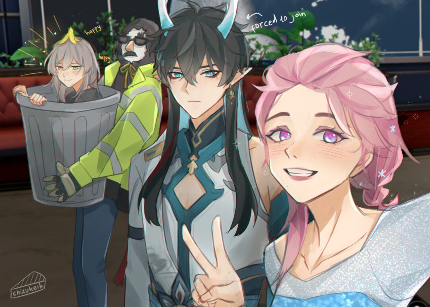 1boy 1other 2girls annoyed aqua_eyes aqua_horns arms_at_sides artist_name banana_peel bangs_pinned_back black_shirt blue_pants blue_shirt blush braid chizukeik cleavage_cutout closed_mouth clothing_cutout commentary cosplay dan_heng_(honkai:_star_rail) dan_heng_(imbibitor_lunae)_(honkai:_star_rail) disguise drawstring earrings elsa_(frozen) elsa_(frozen)_(cosplay) english_commentary english_text eyeliner fake_eyebrows fake_facial_hair fake_mustache fake_nose glasses gloves grey_hair grin groucho_glasses hair_ornament hands_up high-visibility_clothing high-visibility_jacket honkai:_star_rail honkai_(series) hood hood_up horns in_container in_trash_can indoors jacket jewelry lapels long_hair long_sleeves makeup march_7th_(honkai:_star_rail) medium_hair multiple_girls orange_eyes pants pectoral_cleavage pectorals pink_eyes pink_hair pointy_ears red_eyeliner selfie shirt single_bare_shoulder single_sidelock smile snowflake_hair_ornament stelle_(honkai:_star_rail) sunglasses trailblazer_(honkai:_star_rail) trash_can upper_body v very_long_hair white_jacket white_shirt