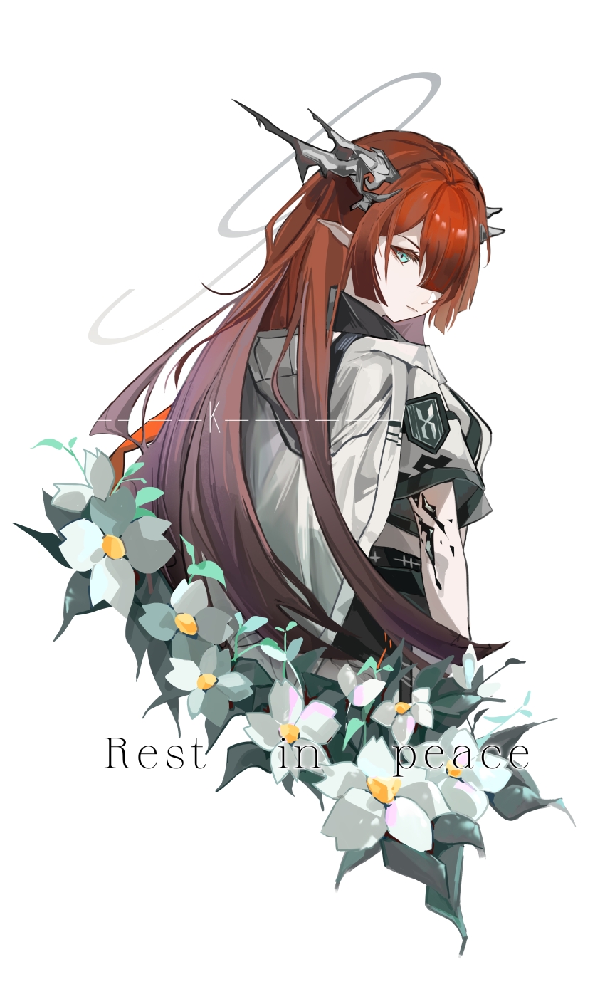 1girl absurdres arknights blue_eyes cape character_request commentary_request flower from_side hair_over_one_eye highres hood hood_down hooded_cape kokoroy looking_at_viewer looking_to_the_side nine_(arknights) orange_hair pointy_ears rest_in_peace_(phrase) shirt short_sleeves simple_background solo upper_body white_background white_cape white_flower white_shirt