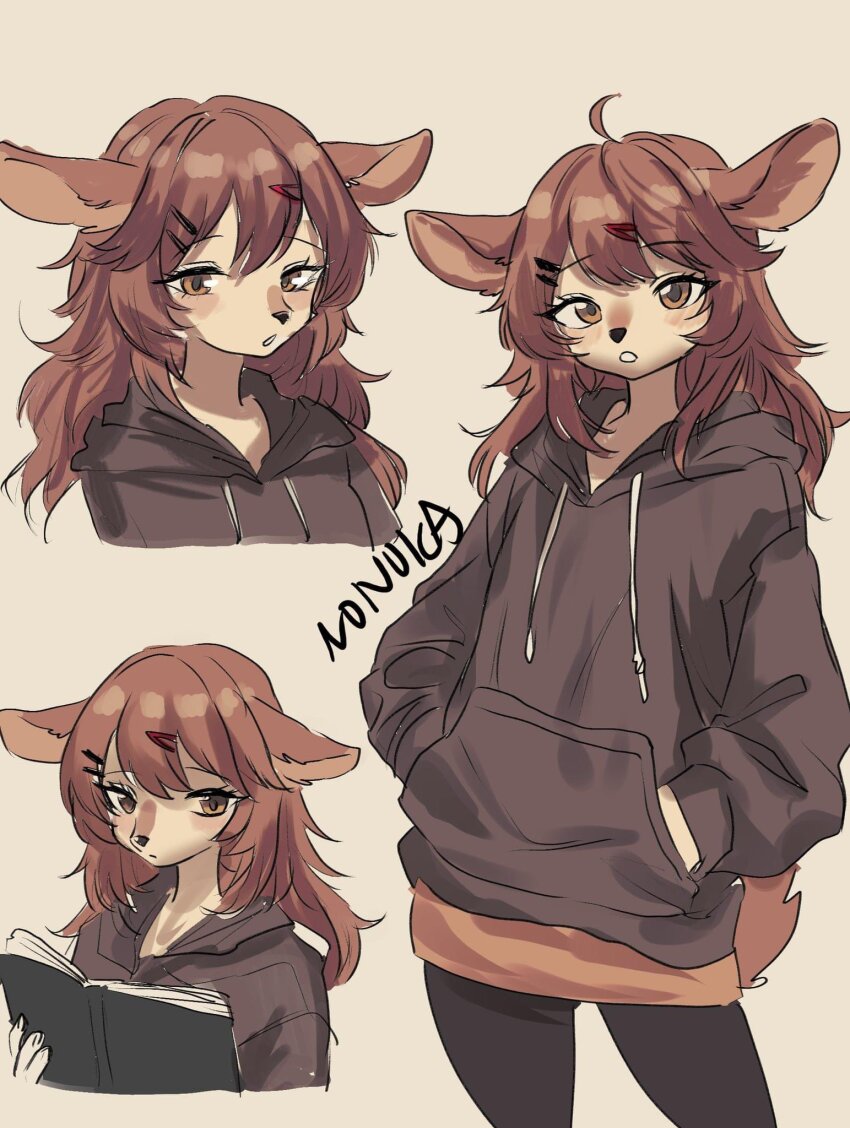 1girl ahoge animal_ears artist_name black_leggings book brown_eyes brown_hair brown_skirt commentary deer_ears deer_girl deer_tail drawstring english_commentary grey_background hair_ornament hairclip hands_in_pockets highres holding holding_book hood hood_down hoodie leggings long_hair nonoka917 open_mouth original simple_background skirt solo tail