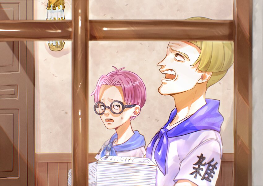 2boys absurdres blonde_hair blue_neckerchief commentary_request glasses helmeppo highres holding koby_(one_piece) looking_at_another looking_up male_focus multiple_boys neckerchief one_piece open_mouth pink_hair profile sc_scandium short_sleeves sweatdrop upper_body