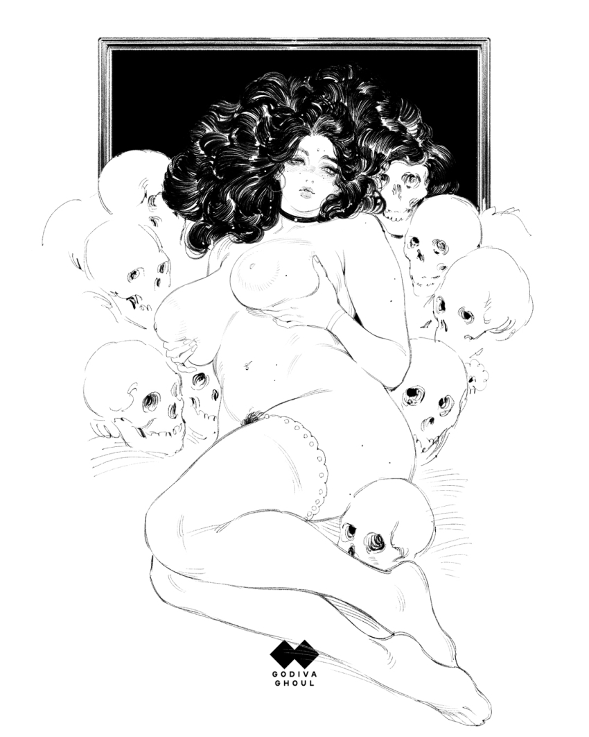 1girl artist_logo artist_name ass bed_frame big_hair blush breasts choker closed_mouth commentary english_commentary female_pubic_hair fingernails forehead forehead_jewel full_body godiva_ghoul grabbing_own_breast greyscale highres large_breasts lips logo long_hair looking_at_viewer lying mature_female mole mole_under_eye monochrome multiple_moles navel navel_piercing nipples nostrils on_side original parted_lips piercing plantar_flexion plump pubic_hair sketch skull solo stomach thighhighs wristband