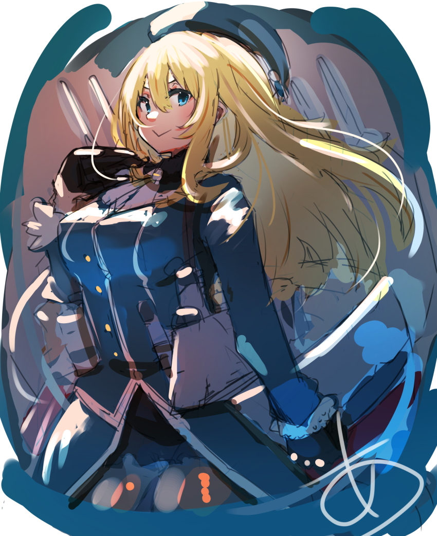 1girl adapted_turret ascot atago_(kancolle) beret black_gloves black_pantyhose blonde_hair blue_hat blush breasts cannon cowboy_shot fur_collar gloves green_eyes hat highres kantai_collection large_breasts long_hair looking_at_viewer machinery military military_uniform pantyhose rigging ship_turret smile solo sunday_aki white_background