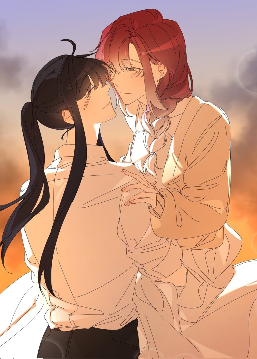2girls black_hair blush braid camisole closed_eyes closed_mouth collar commentary_request dusk gradient_hair hand_on_another&#039;s_arm highres illusion_moon korean_commentary long_hair multicolored_hair multiple_girls outdoors parted_lips path_to_nowhere ponytail rahu_(path_to_nowhere) red_hair shalom_(path_to_nowhere) shirt single_braid smile white_camisole white_hair white_shirt yuri