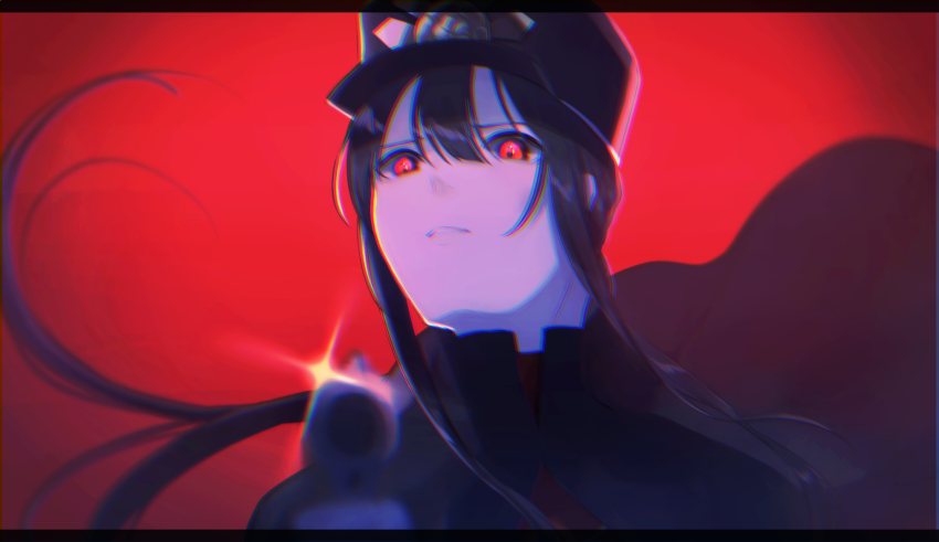 1boy aiming aiming_at_viewer black_cape black_hair black_hat blunt_bangs blurry cape chromatic_aberration depth_of_field fate/grand_order fate_(series) floating_cape floating_hair from_below furrowed_brow glowing glowing_eyes gun hair_between_eyes hat high_collar highres holding holding_gun holding_weapon jacket kepi letterboxed looking_at_viewer looking_down low_ponytail military_hat military_uniform mipi oda_nobukatsu_(fate) parted_lips ponytail red_background red_eyes red_jacket solo sparkle vignetting weapon