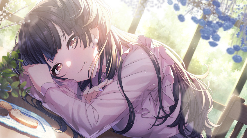 black_hair chair earrings food game_cg head_down highres idolmaster idolmaster_shiny_colors idolmaster_shiny_colors_song_for_prism jewelry leaf mayuzumi_fuyuko nail_polish official_art orange_eyes plate see-through_clothes see-through_sleeves