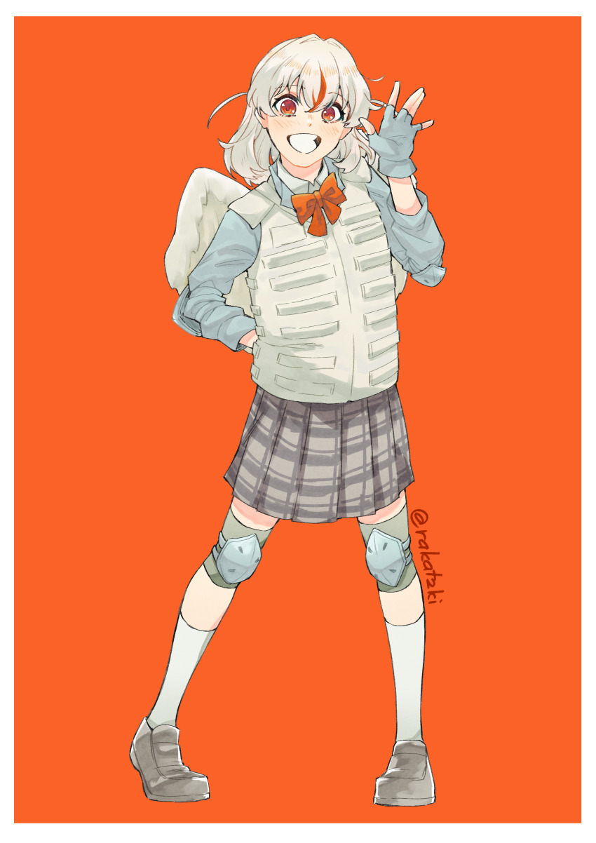1girl absurdres alternate_hair_color angel_wings arm_behind_back blue_gloves blue_jacket border bow bowtie brown_shoes bulletproof_vest collared_shirt commentary cosplay crossed_bangs fingerless_gloves full_body gloves grey_hair grey_skirt hand_up highres hinoshita_kaho jacket knee_pads legs_apart link!_like!_love_live! loafers long_sleeves love-bullet love_live! medium_hair medium_skirt multicolored_hair orange_background orange_bow orange_bowtie orange_eyes orange_hair plaid_clothes plaid_skirt pleated_skirt rakatzki shirt shoes simple_background skirt solo streaked_hair two_side_up white_border white_shirt white_wings wings