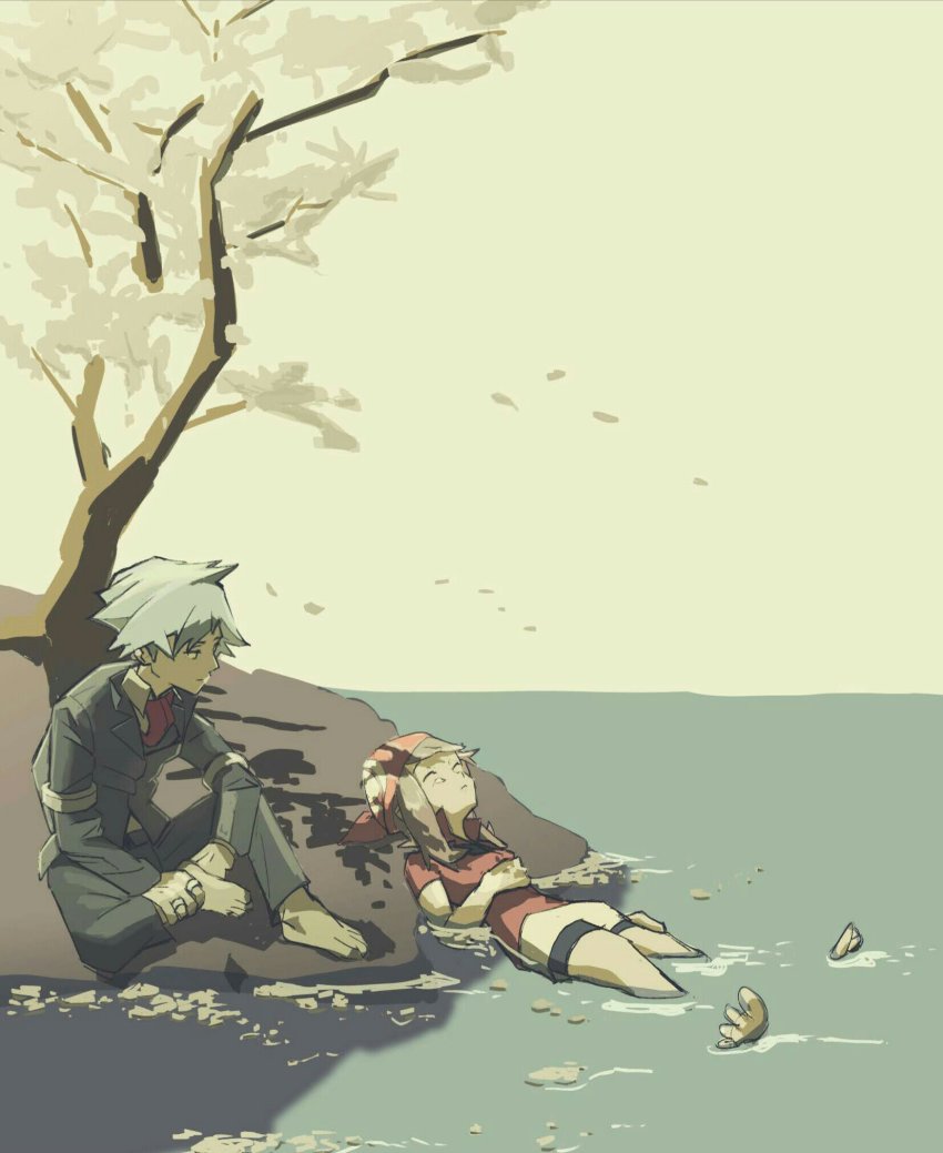 1boy 1girl bad_id bad_twitter_id bandana barefoot bike_shorts closed_eyes closed_mouth commentary_request falling_leaves hand_on_own_stomach highres jacket jewelry leaf looking_to_the_side lying may_(pokemon) nintendo on_back pants pokemon pokemon_rse red_bandana red_neckwear red_shirt ring shirt short_hair short_sleeves sitting steven_stone terrible_burst toes tree water white_shirt