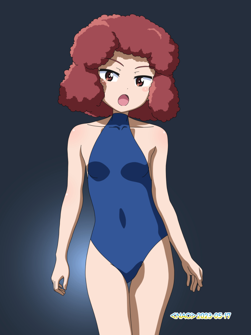 1girl blue_one-piece_swimsuit blush blush_stickers breasts covered_navel girls_und_panzer highres naotosi one-piece_swimsuit open_mouth red_eyes red_hair rum_(girls_und_panzer) short_hair small_breasts solo swimsuit