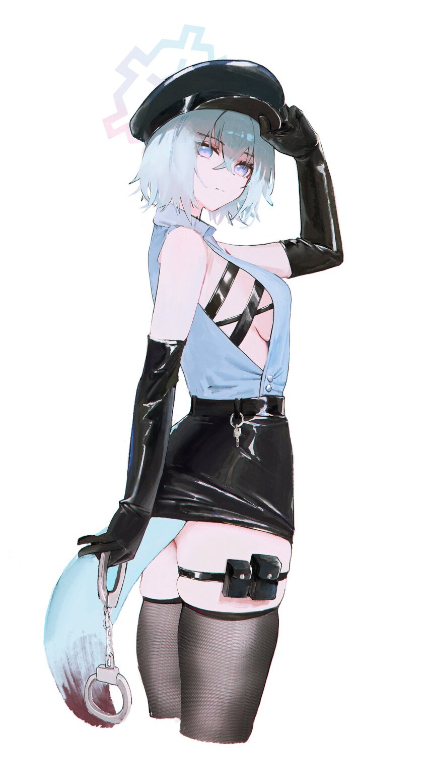 1girl absurdres animal_ears aqua_hair black_gloves black_hat black_skirt black_thighhighs blue_shirt breasts closed_mouth cuffs elbow_gloves fine_fabric_emphasis flippy_(cripine111) gloves hair_between_eyes halo handcuffs hat highres holding holding_handcuffs leather leather_gloves looking_at_viewer shigure_(blue_archive) shirt short_hair sideboob simple_background skirt sleeveless sleeveless_shirt solo tail thighhighs weasel_ears weasel_girl weasel_tail white_background