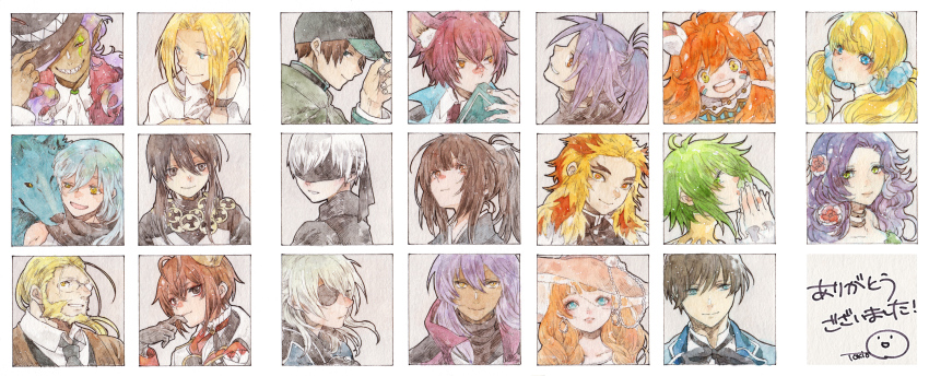 6+boys 6+girls animal_ear_fluff animal_ears ascot baseball_cap bead_necklace beads beard black_blindfold black_eyes black_hair black_necktie black_shirt blacksmith_(ragnarok_online) blindfold blonde_hair blue_hair blunt_bangs brown_eyes brown_hair character_request closed_mouth collared_shirt commentary_request copyright_request crossover dark-skinned_male dark_skin eyepatch facial_hair fullmetal_alchemist glasses green_eyes green_hair grey_shirt grin hair_between_eyes hat hat_tip highres jewelry kimetsu_no_yaiba long_hair looking_at_viewer medium_hair mouse_ears multicolored_hair multiple_boys multiple_crossover multiple_girls necklace necktie nier:automata nier_(series) open_mouth orange_eyes orange_hair ponytail purple_hair ranger_(ragnarok_online) red_eyes red_hair rengoku_kyoujurou rikao rikao_(show_by_rock!!) sharp_teeth shirt short_hair show_by_rock!! signature smile teeth tokio_(okt0w0) translation_request two-tone_hair upper_body van_hohenheim white_shirt wolf yellow_eyes 9s_(nier:automata)