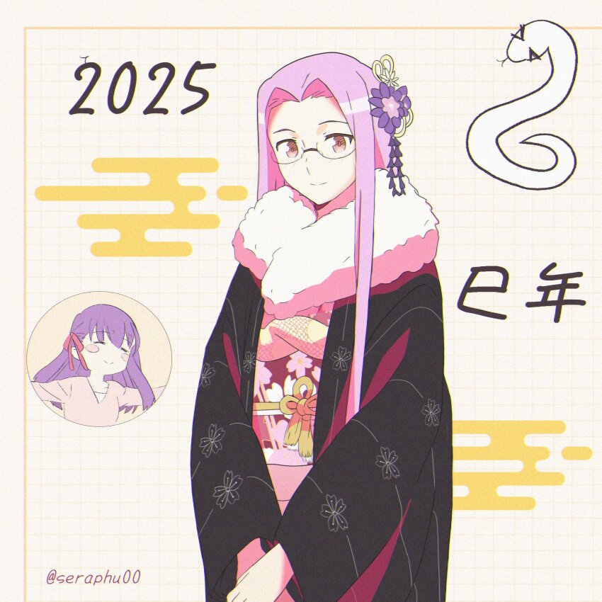 2girls blush breasts chinese_zodiac dress emiya-san_chi_no_kyou_no_gohan fate/stay_night fate_(series) floral_print hair_ribbon happy_new_year highres japanese_clothes kimono long_hair long_sleeves looking_at_viewer matou_sakura medusa_(fate) medusa_(rider)_(fate) multiple_girls new_year purple_eyes purple_hair red_ribbon ribbon seraphu00 shirt smile snake very_long_hair year_of_the_snake