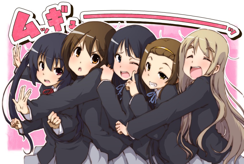 5girls akiyama_mio black_eyes black_hair blonde_hair brown_eyes brown_hair closed_eyes eyebrows hirasawa_yui ho-kago_tea_time k-on! kotobuki_tsumugi long_hair mukyuu multiple_girls nakano_azusa one_eye_closed paprika_(artist) queue salute school_uniform short_hair tainaka_ritsu thick_eyebrows twintails vulcan_salute wink