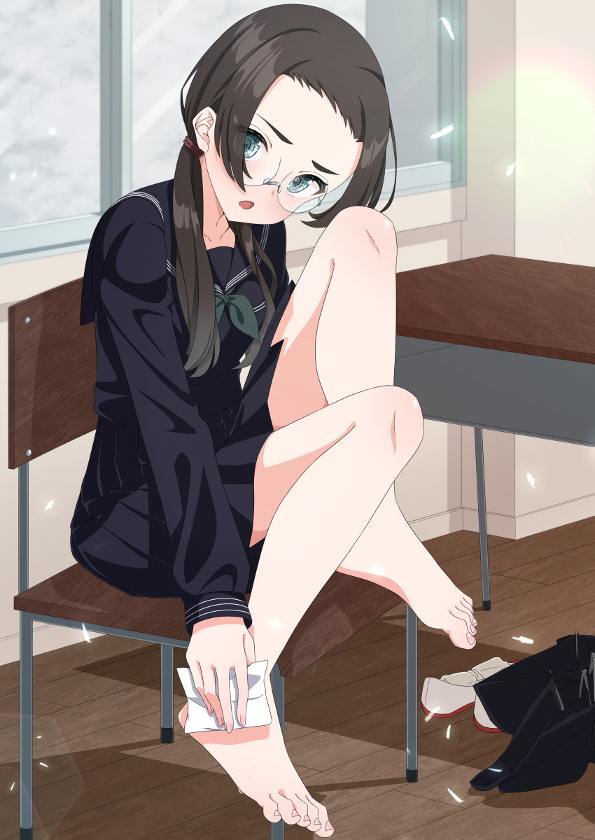 1girl absurdres andou_miyako bare_legs barefoot black_sailor_collar black_serafuku black_shirt black_skirt black_umbrella bow brown_hair chair classroom desk euphoria_(clockup) feet frown glasses godai_01 green_bow grey_eyes handkerchief head_tilt highres holding holding_handkerchief knees_up long_hair long_sleeves looking_at_viewer low_twintails open_mouth pink_nails rimless_eyewear round_eyewear sailor_collar sailor_shirt school_chair school_desk school_uniform serafuku shirt shoes short_bangs sitting skirt solo toenails twintails umbrella uwabaki white_shoes wiping