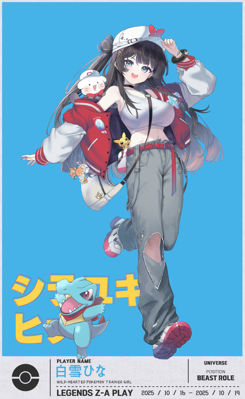 1girl absurdres arm_up armpits bag bag_charm bare_shoulders baseball_cap belt black_choker black_hair blue_eyes bracelet breasts character_charm character_name charizard charm_(object) choker commentary crop_top crossover dedenne denim dragonite english_commentary english_text full_body gen_1_pokemon gen_2_pokemon gen_6_pokemon grey_pants haedungi_(shirayuki_hina) hair_bun hair_ornament hairclip hand_on_headwear hat heart heart_hair_ornament highres jacket jewelry large_breasts long_hair long_sleeves looking_at_viewer mega_dragonite midriff mixed-language_commentary nanana_narang navel nintendo off_shoulder one_side_up open_clothes open_jacket open_mouth pants pichu poke_ball_symbol pokemon pokemon_(creature) pokemon_legends:_z-a red_jacket shirayuki_hina shirt shoes shoulder_bag single_side_bun sleeveless sleeveless_shirt smile stellive stomach swirlix torn_clothes torn_pants totodile virtual_youtuber white_hat white_shirt white_shoes