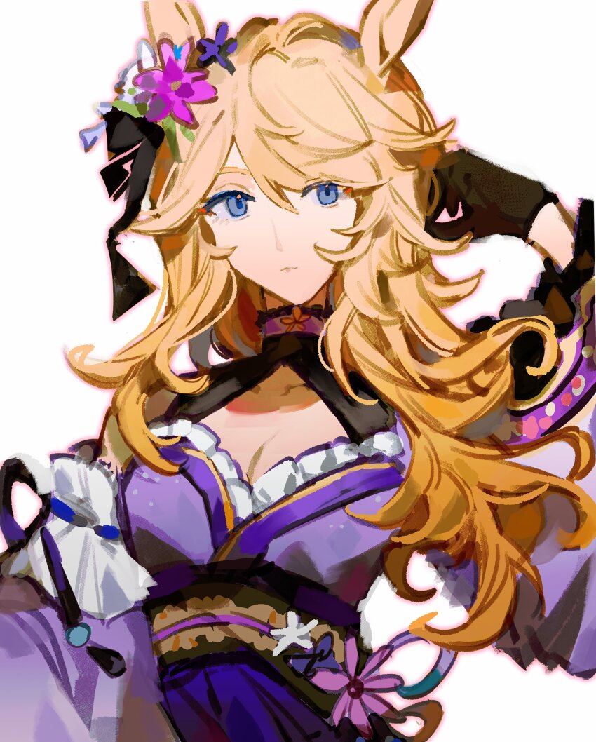 1girl absurdres animal_ears bare_shoulders black_gloves blonde_hair blue_eyes breasts cleavage closed_mouth detached_sleeves flower gloves gold_city_(akizakura_danzatrice)_(umamusume) gold_ship_(umamusume) hair_flower hair_ornament hand_up highres hikawayunn horse_ears japanese_clothes kimono long_hair obi purple_kimono sash simple_background sleeveless sleeveless_kimono small_breasts solo umamusume upper_body white_background