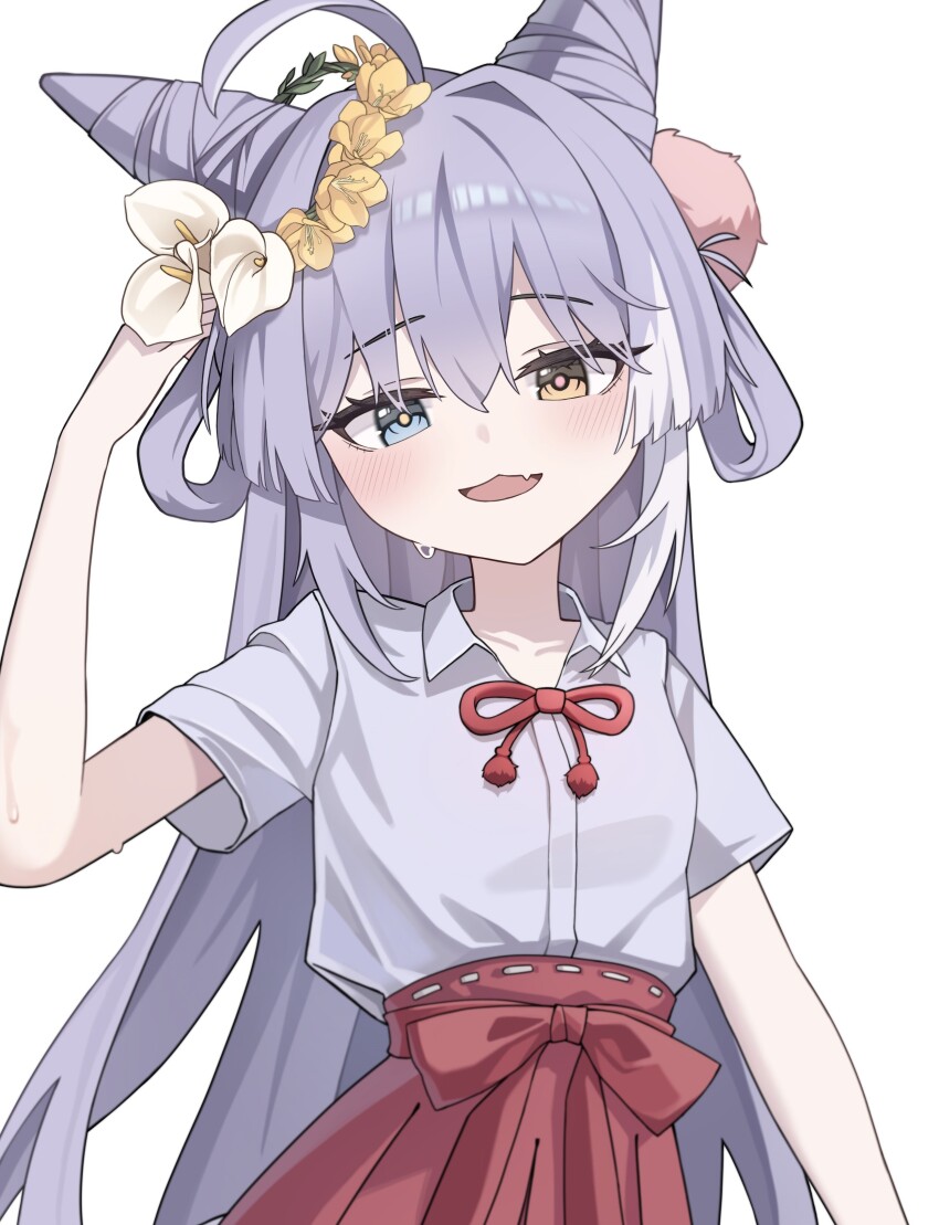 absurdres ahoge blue_eyes blush cone_hair_bun fang hair_bun hair_ornament hair_rings heterochromia highres ies_0 long_hair looking_at_viewer multicolored_hair pom_pom_(clothes) pom_pom_hair_ornament purple_hair simple_background solo stellive streaked_hair sweat tenko_shibuki virtual_youtuber white_background yellow_eyes