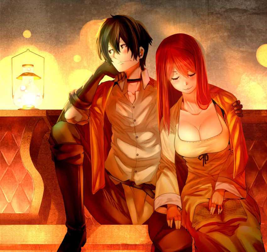 10s 1boy 1girl black_hair book boots breasts cleavage couple closed_eyes hetero lamp large_breasts long_hair maou_(maoyuu) maoyuu_maou_yuusha puu_maru red_hair sitting yuusha_(maoyuu)