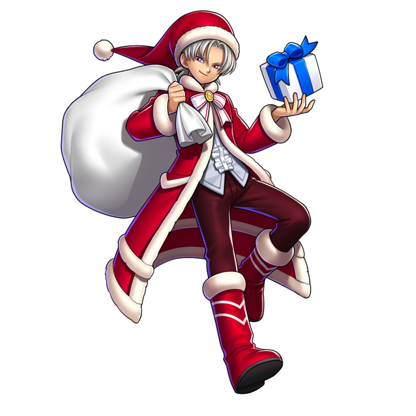 1boy artist_request bag boots bow box christmas coat coat_bow dragon_quest dragon_quest_rivals dragon_quest_vi floating_clothes full_body fur-trimmed_boots fur-trimmed_coat fur-trimmed_headwear fur_trim game_cg gift gift_box hat highres holding holding_gift looking_at_viewer looking_to_the_side male_focus official_alternate_costume official_art pants parted_bangs purple_eyes red_boots red_coat red_hat red_pants santa_hat shirt short_hair smirk solo striped_bow terry_(dq6) third-party_source white_bow white_hair white_shirt white_trim