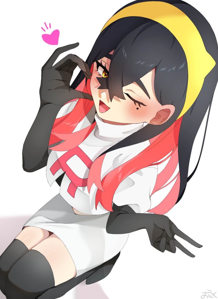 1girl :d alternate_costume black_gloves black_hair black_thighhighs blush carmine_(pokemon) colored_inner_hair commentary_request cosplay crossed_bangs eyelashes from_above gloves hair_between_eyes hairband half-heart_hands heart highres jessie_(pokemon) jessie_(pokemon)_(cosplay) mole mole_under_eye multicolored_hair ninkou_tan nintendo one_eye_closed open_mouth pencil_skirt pokemon pokemon_(anime) pokemon_sv red_hair simple_background sitting skirt smile solo squatting team_rocket team_rocket_uniform thighhighs two-tone_hair v white_background white_skirt yellow_eyes yellow_hairband
