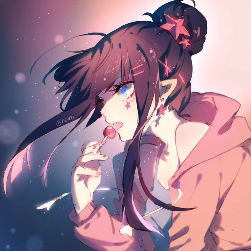 137058648 1girl aotu_world artist_name black_hair blue_eyes candy chinese_commentary collarbone earrings eyelashes facial_mark fingernails food from_side gradient_background grey_tank_top hair_bun hair_ornament hairclip hand_up highres holding holding_candy holding_food holding_lollipop hood hood_down hooded_jacket jacket jewelry kaili_(aotu_world) licking light_particles lollipop long_hair long_sleeves nail_polish open_mouth pink_jacket pink_nails pointy_ears sidelocks single_hair_bun solo star_(symbol) star_earrings star_hair_ornament tank_top teeth tongue upper_body