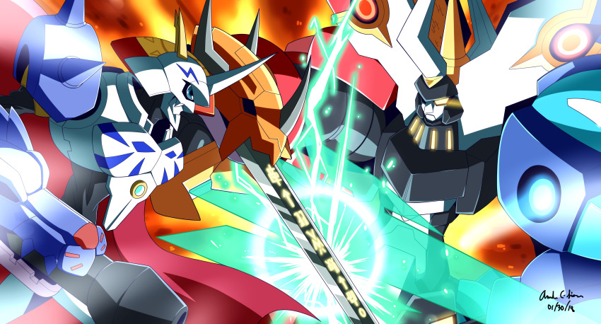 absurdres android arm_blade arm_cannon armor battle blank_eyes blue_eyes cape claws commentary commission commissioner_upload digimon digimon_(creature) digimon_adventure dual_wielding duel energy_blade energy_sword english_commentary glowing helmet highres holding horns innovator123 mega_man_(series) mega_man_zero_(series) monster no_humans omega_(mega_man) omegamon red_cape spikes sword weapon yellow_eyes