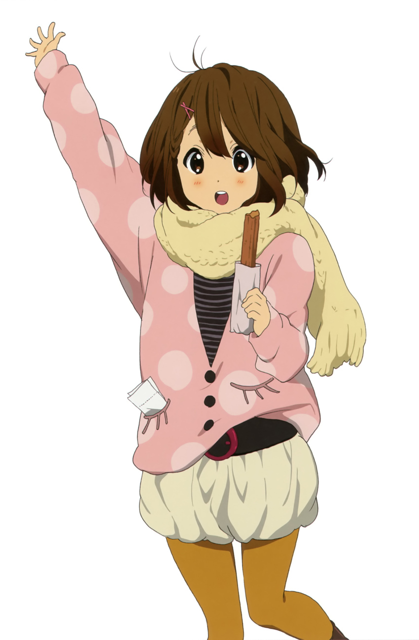 1girl absurdres anime_coloring arm_up belt black_belt black_shirt bob_cut braided_sidelock brown_eyes brown_hair brown_pantyhose cardigan cardigan_partially_tucked_in churro cowboy_shot double-parted_bangs food hair_ornament hairclip hand_up happy highres hirasawa_yui holding holding_food holding_pastry_bag horiguchi_yukiko k-on! k-on!_movie long_sleeves looking_ahead o-ring o-ring_belt official_art open_hand open_mouth pantyhose paper partially_unbuttoned pastry_bag pink_cardigan pocket polka_dot polka_dot_cardigan puffy_shorts raised_eyebrows scan scarf shirt shorts simple_background solo striped_clothes striped_shirt tachi-e teeth upper_teeth_only waving white_background white_shorts x_hair_ornament yellow_scarf