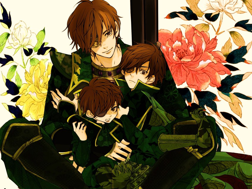 3boys brown_hair child date_masamune date_masamune_(sengoku_musou) eyepatch flower highres indian_style male_focus multiple_boys multiple_persona peony_(flower) sengoku_musou sitting usukuchi_(hagi) aged_down