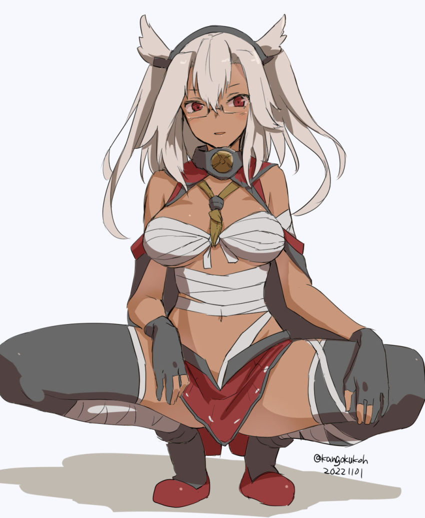 1girl black_gloves black_thighhighs breasts budget_sarashi convenient_skirt dark-skinned_female dark_skin fingerless_gloves gloves grey-framed_eyewear hair_between_eyes highres kangoku_kou kantai_collection kikumon large_breasts miniskirt musashi_(kancolle) one-hour_drawing_challenge pointy_hair rectangular_eyewear red_eyes red_skirt sarashi semi-rimless_eyewear short_hair_with_long_locks simple_background skirt solo squatting thighhighs twintails two_side_up white_background