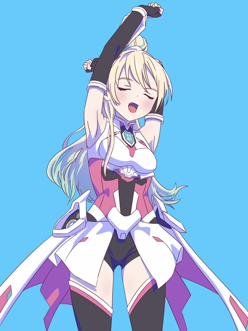 1girl aqua_hair arm_behind_head armpits arms_up bare_shoulders black_bodysuit black_thighhighs blonde_hair blue_background blunt_bangs blush bodysuit boobplate breastplate breasts clenched_hands closed_eyes cowboy_shot elbow_gloves facing_viewer fanfare!!!_(love_live!) fingerless_gloves gloves gradient_hair hair_bun headpiece highres link!_like!_love_live! long_hair love_live! medium_breasts multicolored_hair myrain56991013 official_alternate_costume open_mouth osawa_rurino simple_background single_hair_bun solo streaked_hair stretching thighhighs u_u virtual_youtuber