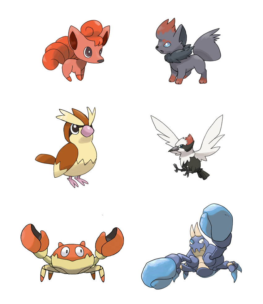 6+others bird crab crabrawler foxeaf full_body gen_1_pokemon gen_5_pokemon gen_7_pokemon highres krabby multiple_others nintendo no_humans parody pidgey pikipek pokemon pokemon_(creature) retro_artstyle simple_background source_request style_parody sugimori_ken_(style) vulpix white_background zorua